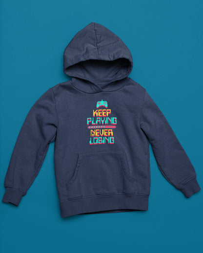 Keep Playing Never Losing | Neon-Gaming Hoodie im Retro-Arcade-Style – marine Hoodie als flatlay-Mockup, modernes Gaming-Design und hochwertiges Produktfoto.