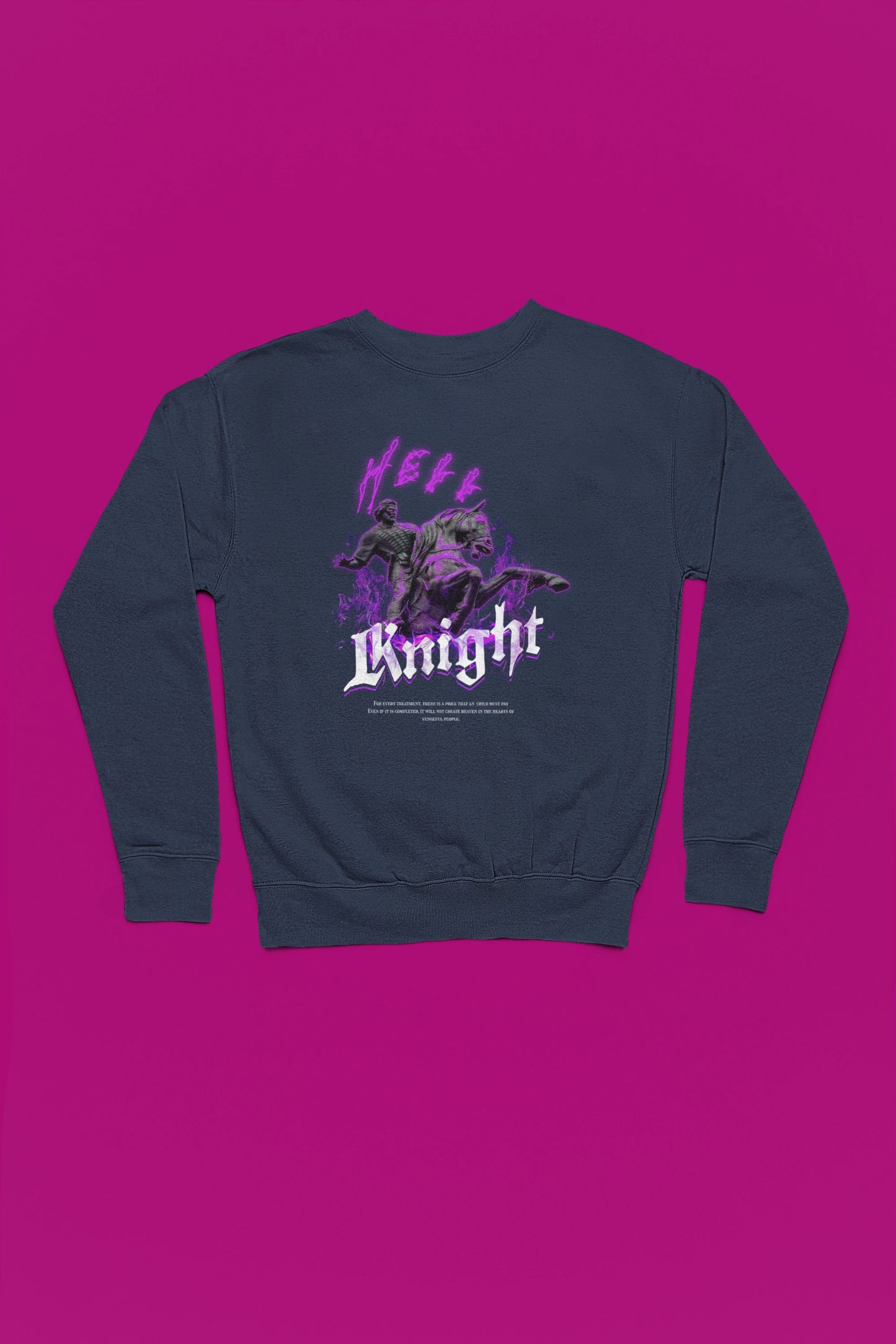 Knight | Duesterer Ritter-Pullover im Dark-Fantasy-Stil – marine Pullover als Flatlay-Mockup, hochwertiges Nerd- & Gaming-Design Produktfoto.