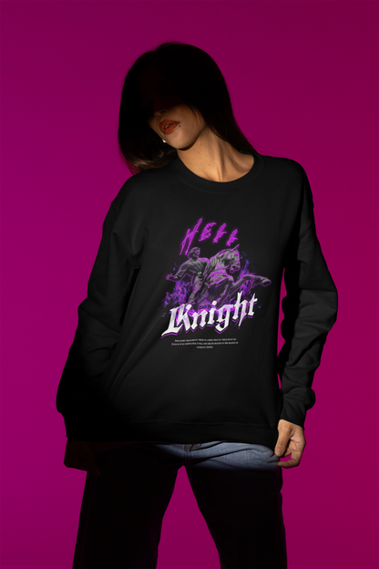 Knight | Duesterer Ritter-Pullover im Dark-Fantasy-Stil – schwarz Pullover als Weibliches Model-Mockup, hochwertiges Nerd- & Gaming-Design Produktfoto.