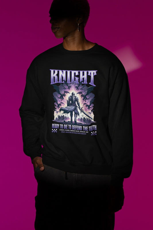 Knight – Ready to Die to Defend the Truth | Epic Warrior Fantasy Pullover – schwarz Pullover als Maennliches Model-Mockup, hochwertiges Nerd- & Gaming-Design Produktfoto.