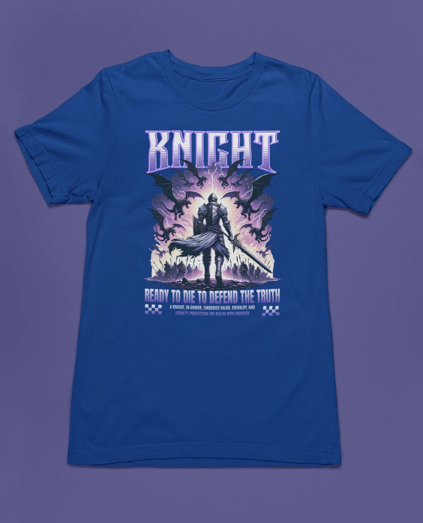 Knight – Ready to Die to Defend the Truth | Ritter Fantasy T-Shirt – blau T-Shirt als flatlay-Mockup, modernes Gaming-Design und hochwertiges Produktfoto.