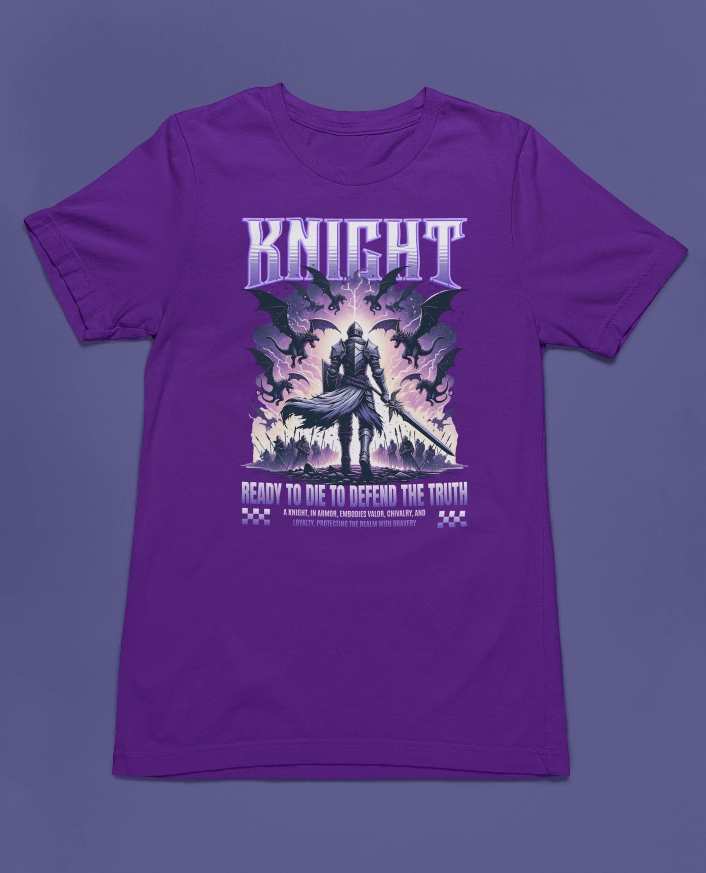 Knight – Ready to Die to Defend the Truth | Ritter Fantasy T-Shirt – lila T-Shirt als flatlay-Mockup, modernes Gaming-Design und hochwertiges Produktfoto.