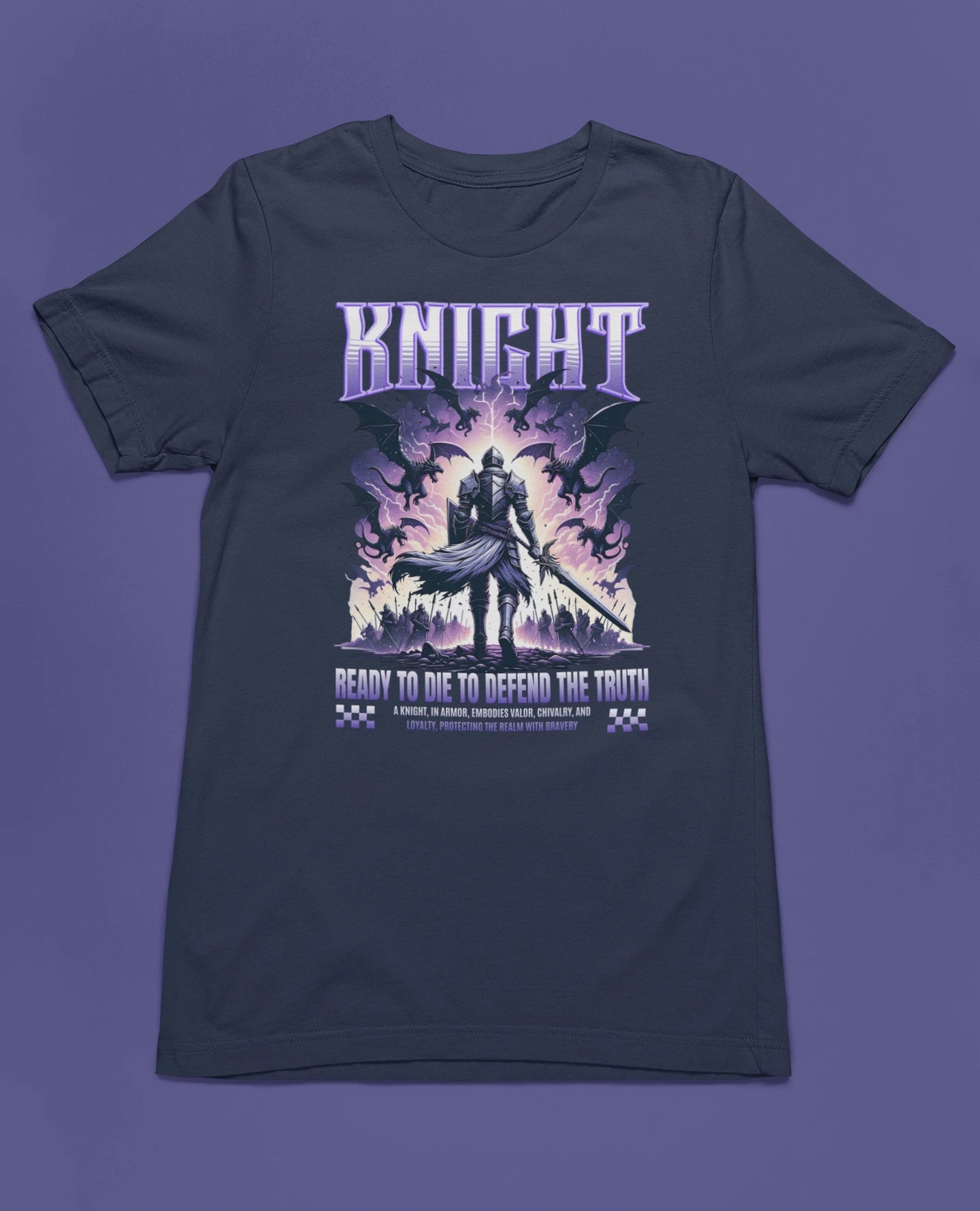 Knight – Ready to Die to Defend the Truth | Ritter Fantasy T-Shirt – marine T-Shirt als flatlay-Mockup, modernes Gaming-Design und hochwertiges Produktfoto.