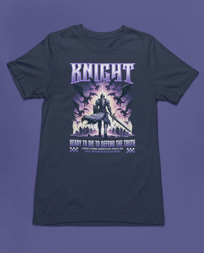 Knight – Ready to Die to Defend the Truth | Ritter Fantasy T-Shirt – marine T-Shirt als flatlay-Mockup, modernes Gaming-Design und hochwertiges Produktfoto.