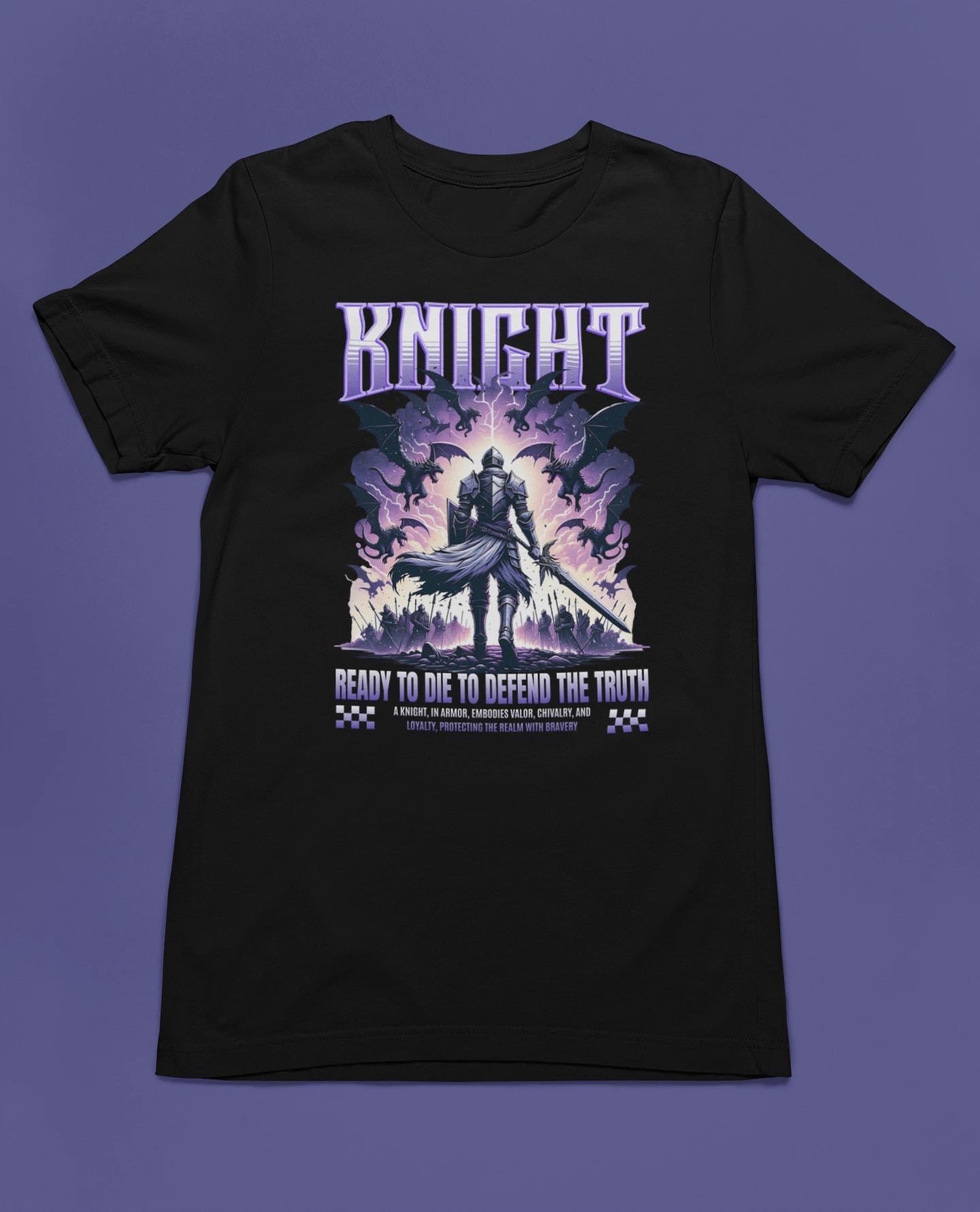 Knight – Ready to Die to Defend the Truth | Ritter Fantasy T-Shirt – schwarz T-Shirt als flatlay-Mockup, modernes Gaming-Design und hochwertiges Produktfoto.