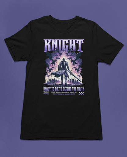 Knight – Ready to Die to Defend the Truth | Ritter Fantasy T-Shirt – schwarz T-Shirt als flatlay-Mockup, modernes Gaming-Design und hochwertiges Produktfoto.