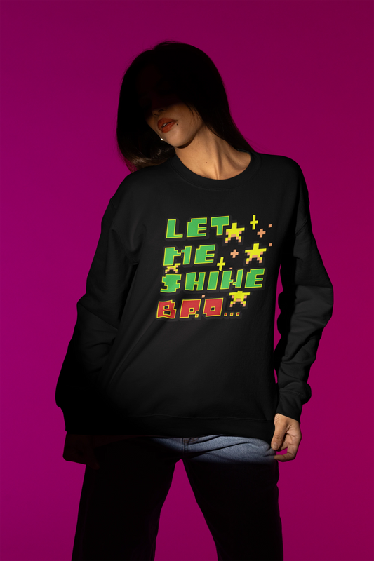 Let Me Shine Bro – Neon Pixel Star Pullover – schwarz Pullover als Weibliches Model-Mockup, hochwertiges Nerd- & Gaming-Design Produktfoto.