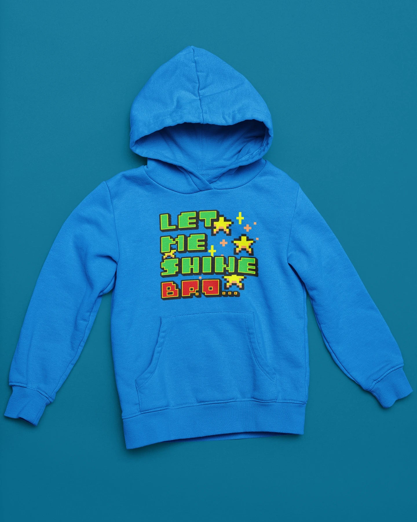 Let Me Shine Bro… | Pixel Hoodie im Retro-Arcade Style – blau Hoodie als flatlay-Mockup, modernes Gaming-Design und hochwertiges Produktfoto.