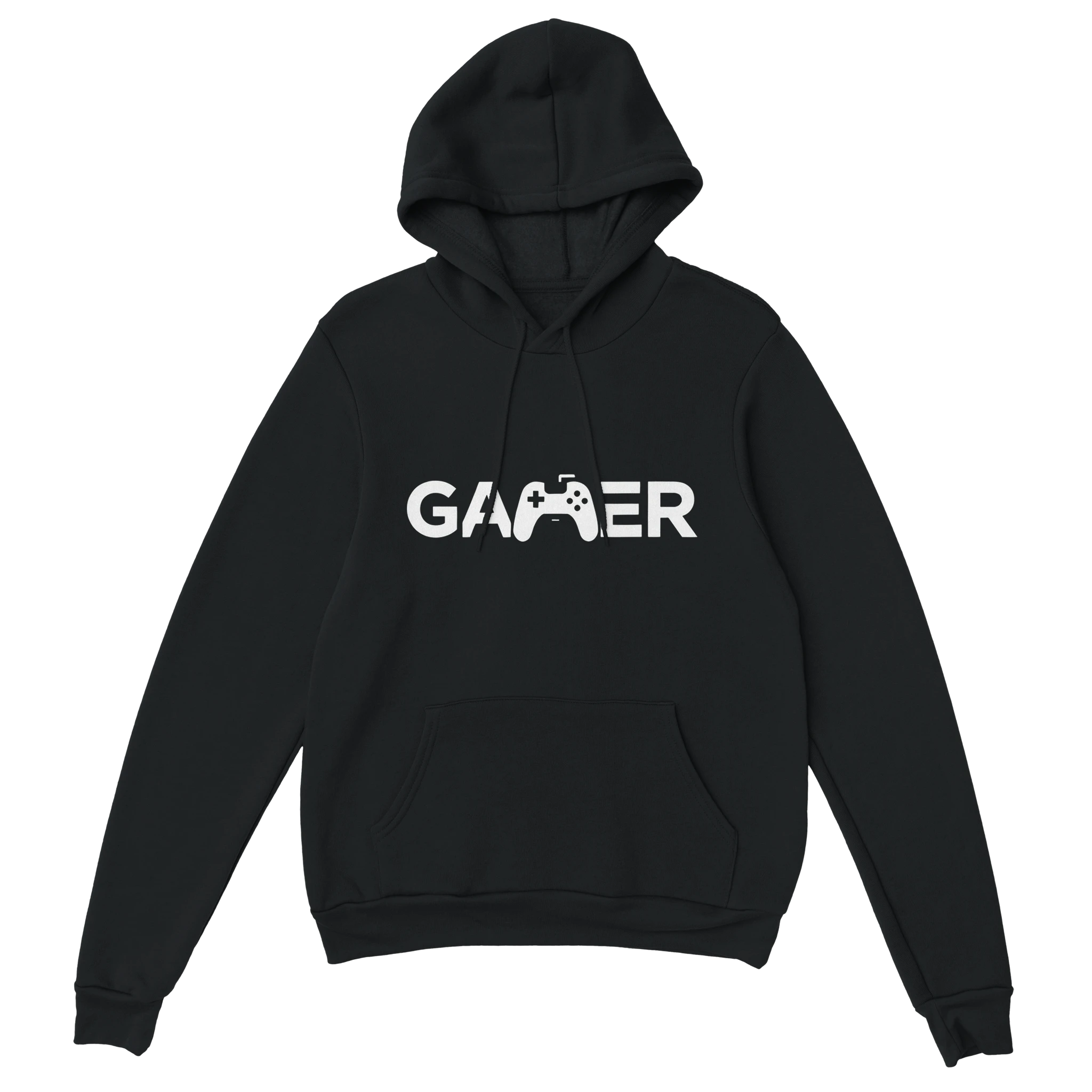 Minimalistischer Gamer Hoodie schwarz – Gaming Hoodie Flatlay mit Minimalistischer Gamer Print