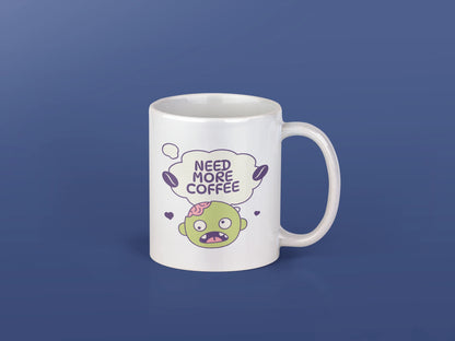 Need More Coffee – Keramiktasse (325 ml) – 325 ml Keramiktasse als Flatlay Mockup, hochwertiges Gaming- & Nerd-Design Produktfoto.
