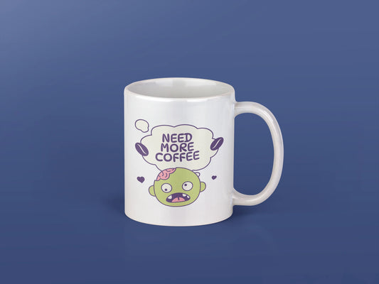 Need More Coffee – Keramiktasse (325 ml) – 325 ml Keramiktasse als Flatlay Mockup, hochwertiges Gaming- & Nerd-Design Produktfoto.
