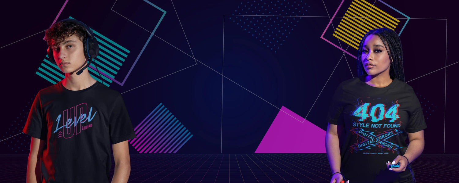 Banner mit Gamer-Shirts im Glitch-Design und dem 404-Motiv im futuristischen Neonlook.