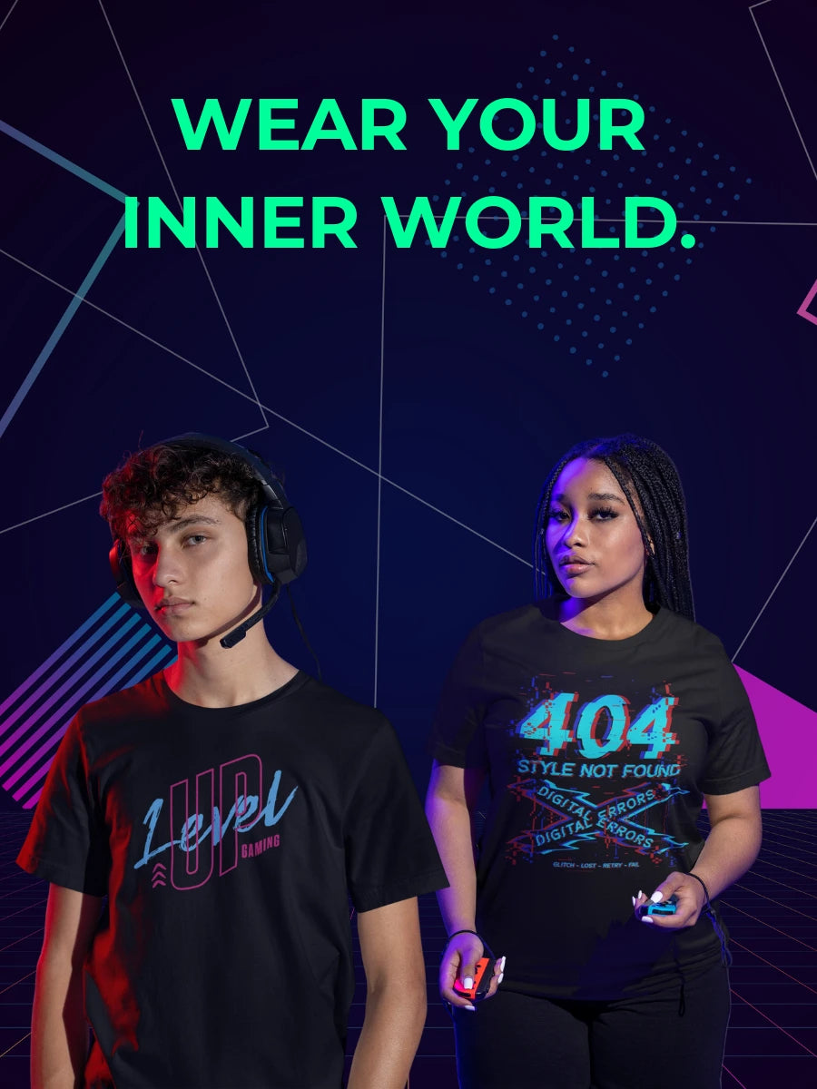 Mobiles Bannerdesign für Nerdrovert mit zwei Models in Gaming-Shirts im Retro-Neon-Stil.
