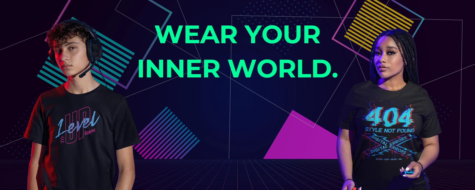 Gaming Fashion Banner mit zwei Models und dem Slogan ›Wear Your Inner World‹ im Neon-Retro-Design.