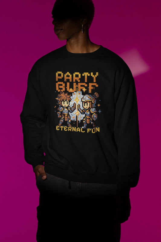 Party Buff – Eternal Fun | Pixel Retro Gaming Pullover – schwarz Pullover als Maennliches Model-Mockup, hochwertiges Nerd- & Gaming-Design Produktfoto.