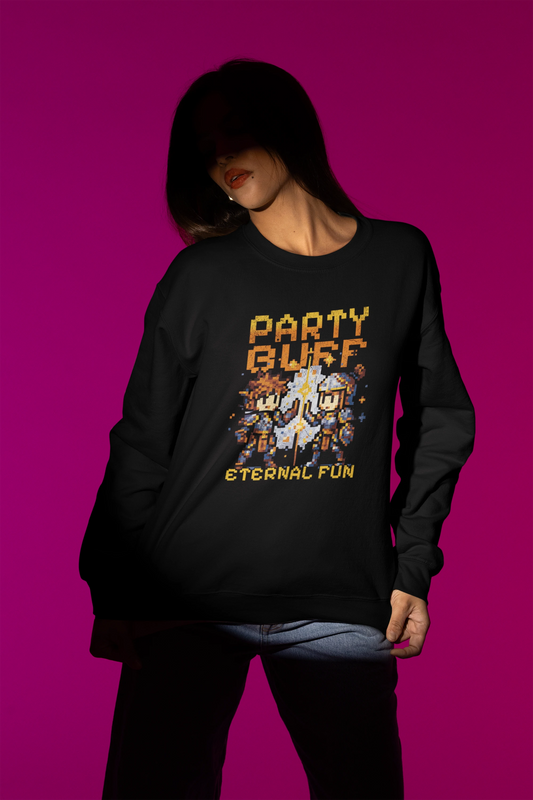 Party Buff – Eternal Fun | Pixel Retro Gaming Pullover – schwarz Pullover als Weibliches Model-Mockup, hochwertiges Nerd- & Gaming-Design Produktfoto.