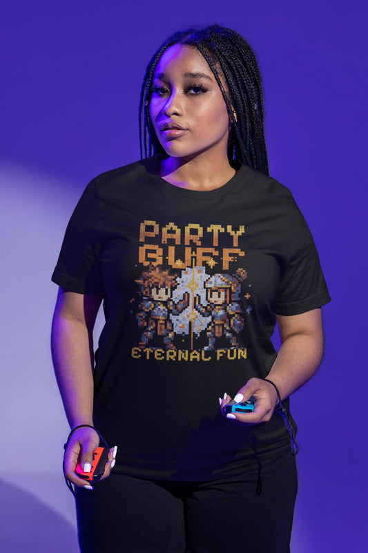 Party Buff – Eternal Fun | Pixel RPG T-Shirt für Gamer & Freunde – schwarz T-Shirt als weiblich-Mockup, modernes Gaming-Design und hochwertiges Produktfoto.