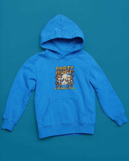Party Buff | Pixel-RPG Hoodie fuer Koop-Abenteurer – blau Hoodie als flatlay-Mockup, modernes Gaming-Design und hochwertiges Produktfoto.