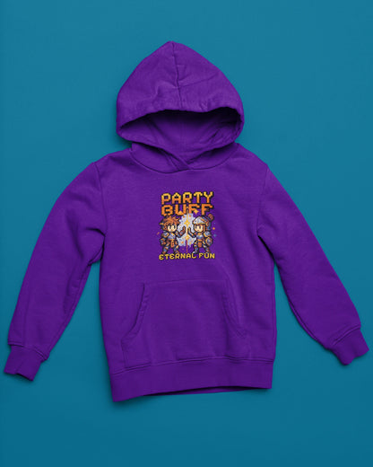Party Buff | Pixel-RPG Hoodie fuer Koop-Abenteurer – lila Hoodie als flatlay-Mockup, modernes Gaming-Design und hochwertiges Produktfoto.