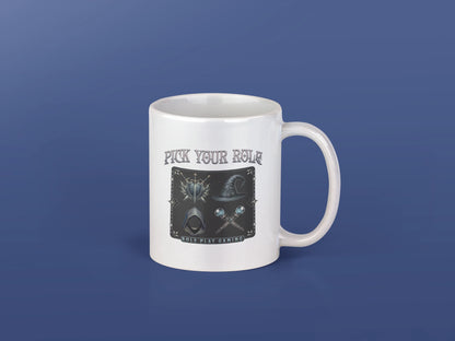 Pick Your Role – Keramiktasse (325 ml) – 325 ml Keramiktasse als Flatlay Mockup, hochwertiges Gaming- & Nerd-Design Produktfoto.