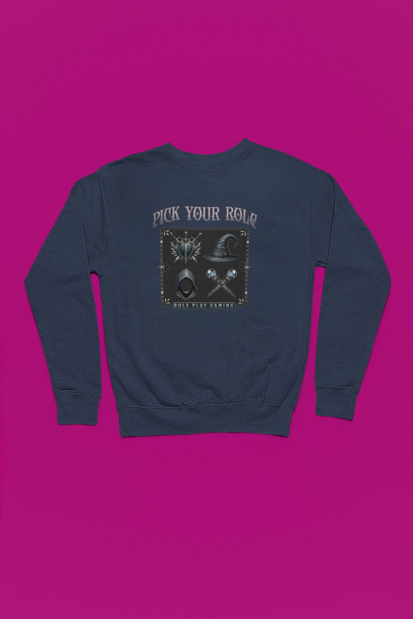 Pick Your Role – Role Play Gaming | Fantasy RPG Pullover – marine Pullover als Flatlay-Mockup, hochwertiges Nerd- & Gaming-Design Produktfoto.