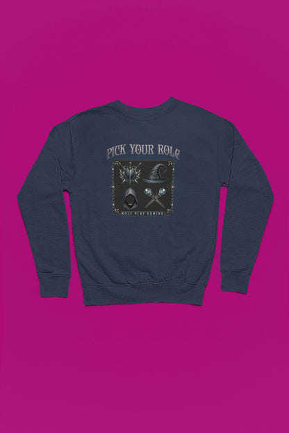 Pick Your Role – Role Play Gaming | Fantasy RPG Pullover – marine Pullover als Flatlay-Mockup, hochwertiges Nerd- & Gaming-Design Produktfoto.