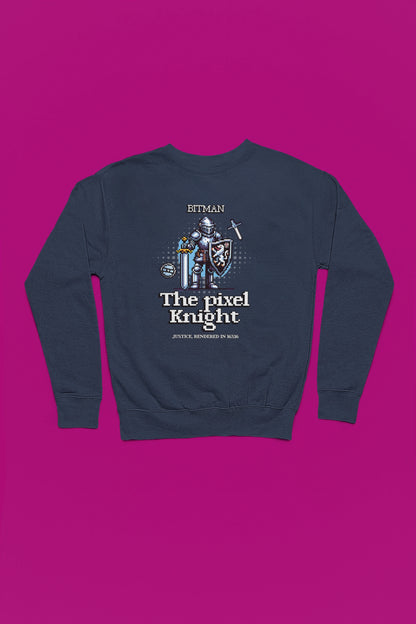 Pixel Knight | Retro-Ritter Pullover im 16-Bit Style – marine Pullover als Flatlay-Mockup, hochwertiges Nerd- & Gaming-Design Produktfoto.