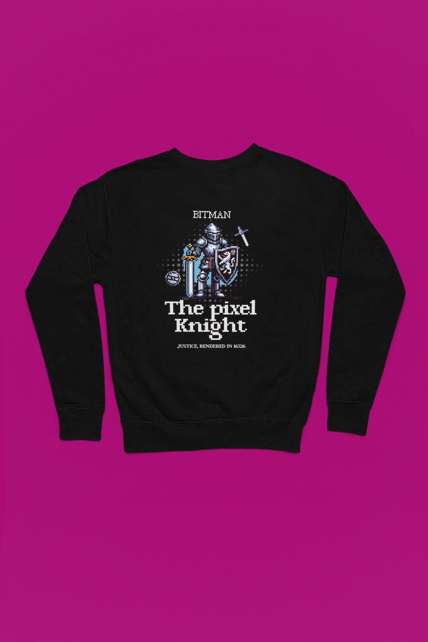 Pixel Knight | Retro-Ritter Pullover im 16-Bit Style – schwarz Pullover als Flatlay-Mockup, hochwertiges Nerd- & Gaming-Design Produktfoto.
