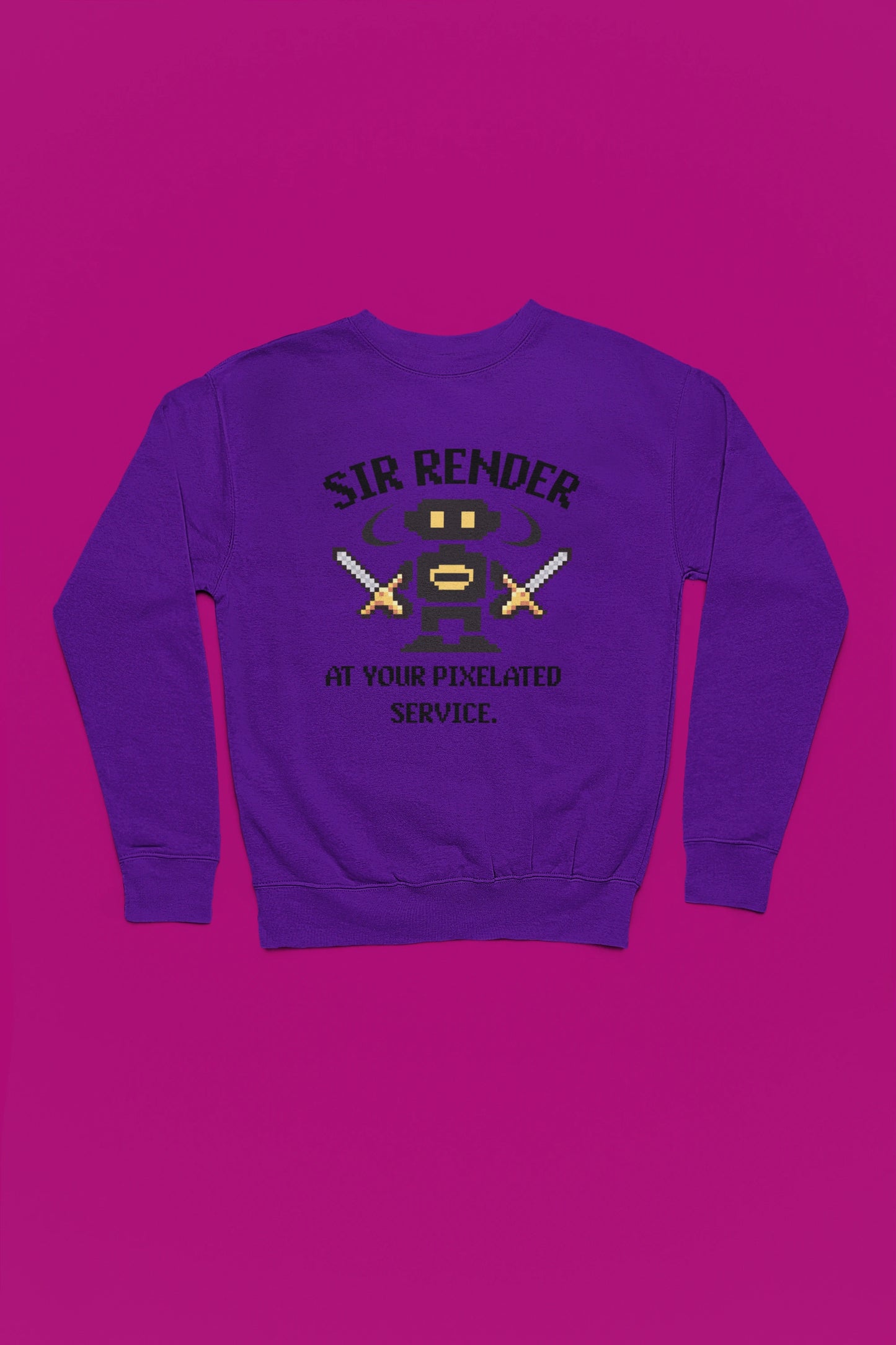Pixel Ninja – Dual Blade Edition | Retro Pixel Pullover – lila Pullover als Flatlay-Mockup, hochwertiges Nerd- & Gaming-Design Produktfoto.