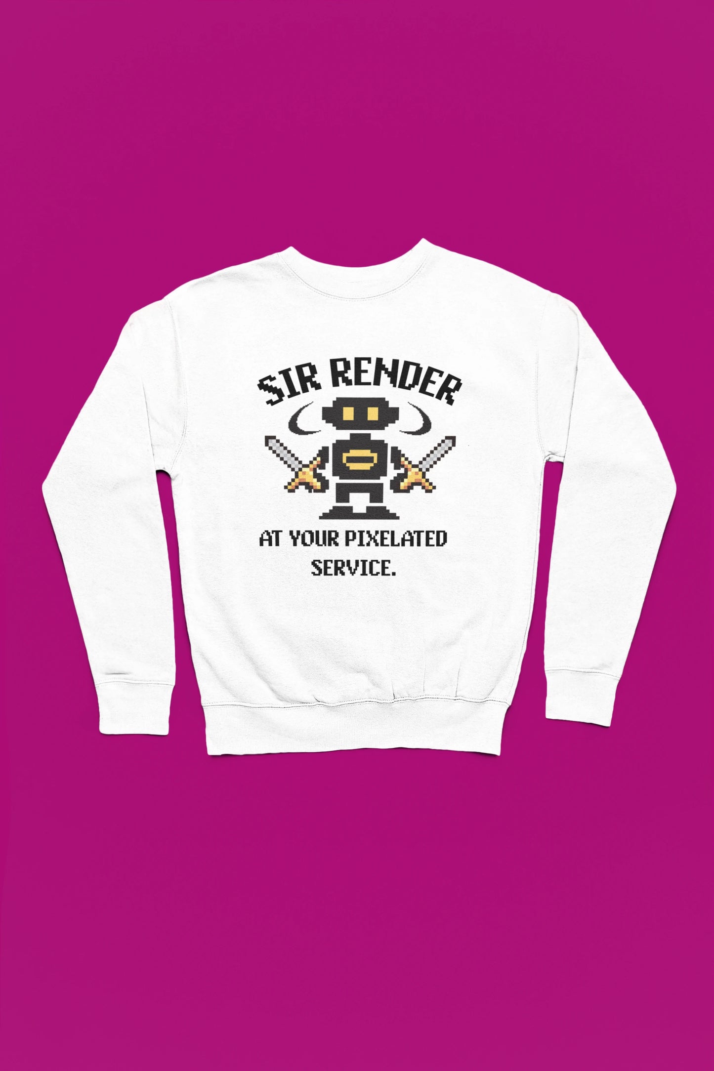 Pixel Ninja – Dual Blade Edition | Retro Pixel Pullover – weiss Pullover als Flatlay-Mockup, hochwertiges Nerd- & Gaming-Design Produktfoto.