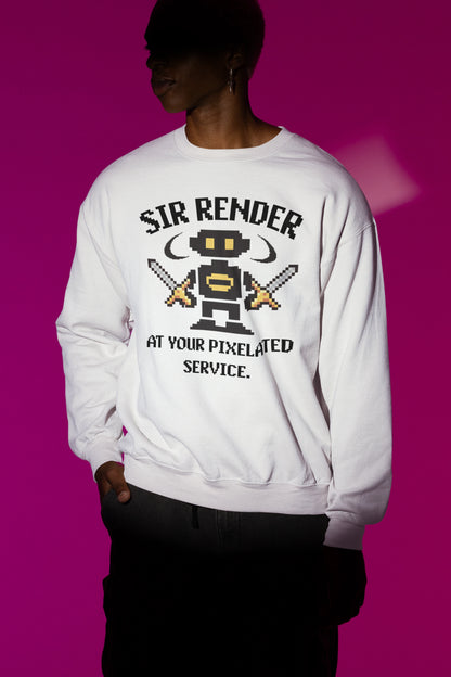 Pixel Ninja – Dual Blade Edition | Retro Pixel Pullover – weiss Pullover als Maennliches Model-Mockup, hochwertiges Nerd- & Gaming-Design Produktfoto.