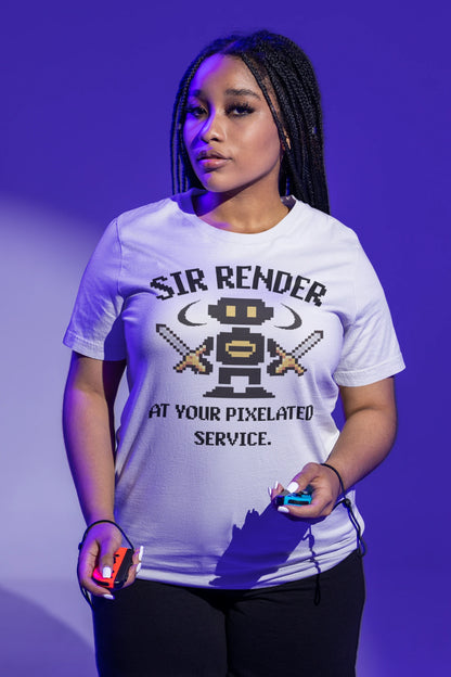 Pixel Ninja – Dual Blade Warrior | Retro 8-Bit T-Shirt für Gamer – weiss T-Shirt als weiblich-Mockup, modernes Gaming-Design und hochwertiges Produktfoto.