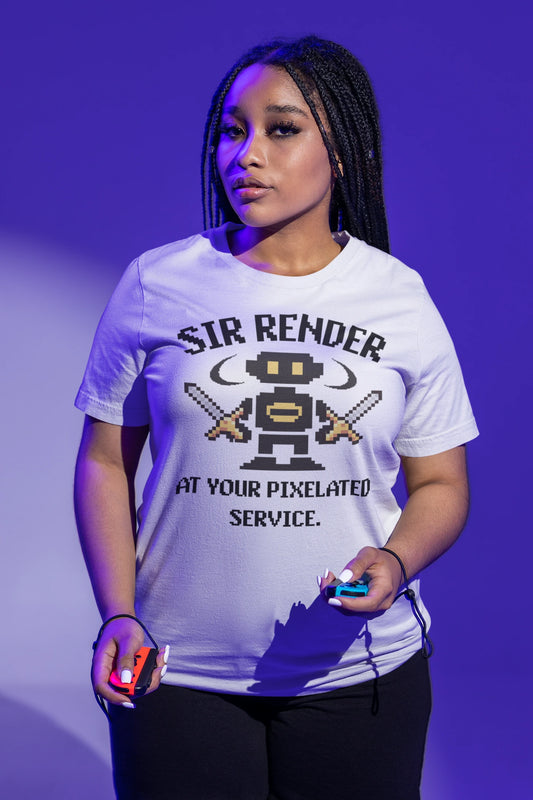 Pixel Ninja – Dual Blade Warrior | Retro 8-Bit T-Shirt für Gamer – weiss T-Shirt als weiblich-Mockup, modernes Gaming-Design und hochwertiges Produktfoto.