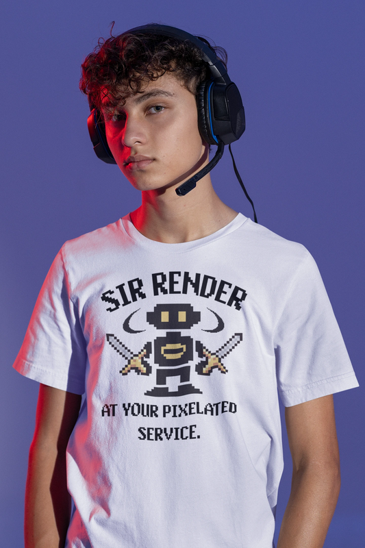 Pixel Ninja – Dual Blade Warrior | Retro 8-Bit T-Shirt für Gamer – weiss T-Shirt als maennlich-Mockup, modernes Gaming-Design und hochwertiges Produktfoto.