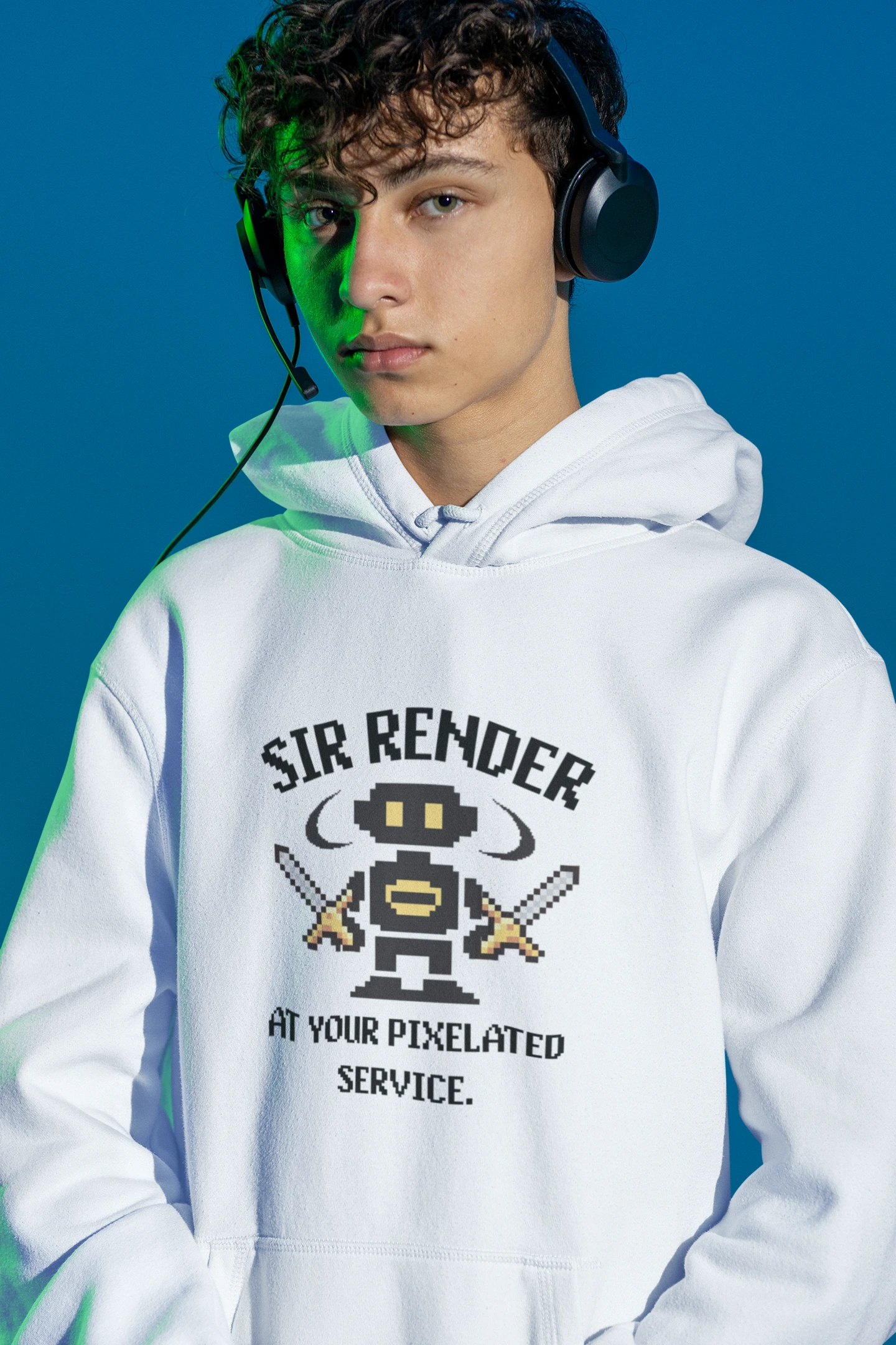 Pixel Ninja Hoodie – Retro 8-Bit Kaempfer mit zwei Katanas – weiss Hoodie als maennlich-Mockup, modernes Gaming-Design und hochwertiges Produktfoto.