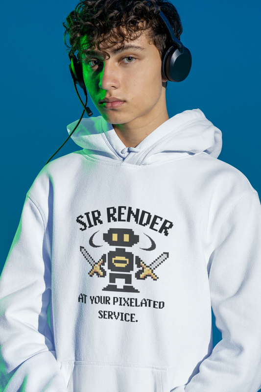 Pixel Ninja Hoodie – Retro 8-Bit Kaempfer mit zwei Katanas – weiss Hoodie als maennlich-Mockup, modernes Gaming-Design und hochwertiges Produktfoto.