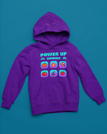Power Up Gaming Icons | Bunter Retro-Pixel Hoodie – lila Hoodie als flatlay-Mockup, modernes Gaming-Design und hochwertiges Produktfoto.