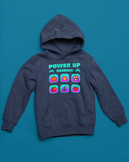 Power Up Gaming Icons | Bunter Retro-Pixel Hoodie – marine Hoodie als flatlay-Mockup, modernes Gaming-Design und hochwertiges Produktfoto.