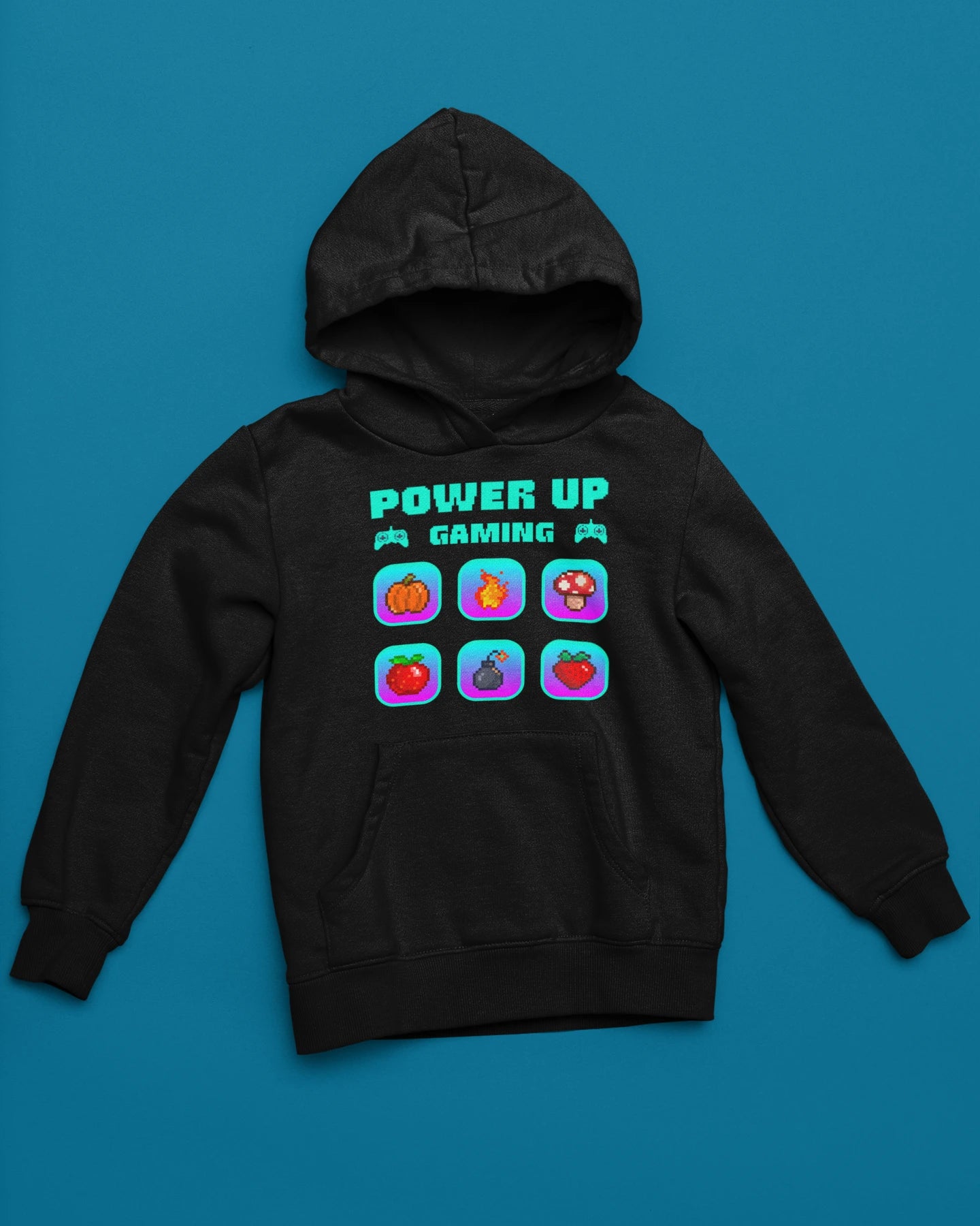 Power Up Gaming Icons | Bunter Retro-Pixel Hoodie – schwarz Hoodie als flatlay-Mockup, modernes Gaming-Design und hochwertiges Produktfoto.