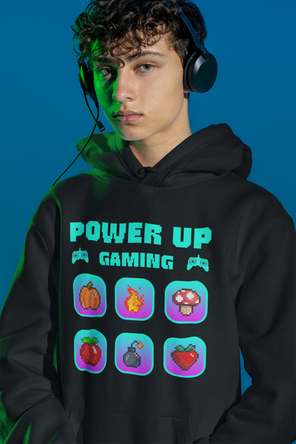 Power Up Gaming Icons | Bunter Retro-Pixel Hoodie – schwarz Hoodie als maennlich-Mockup, modernes Gaming-Design und hochwertiges Produktfoto.