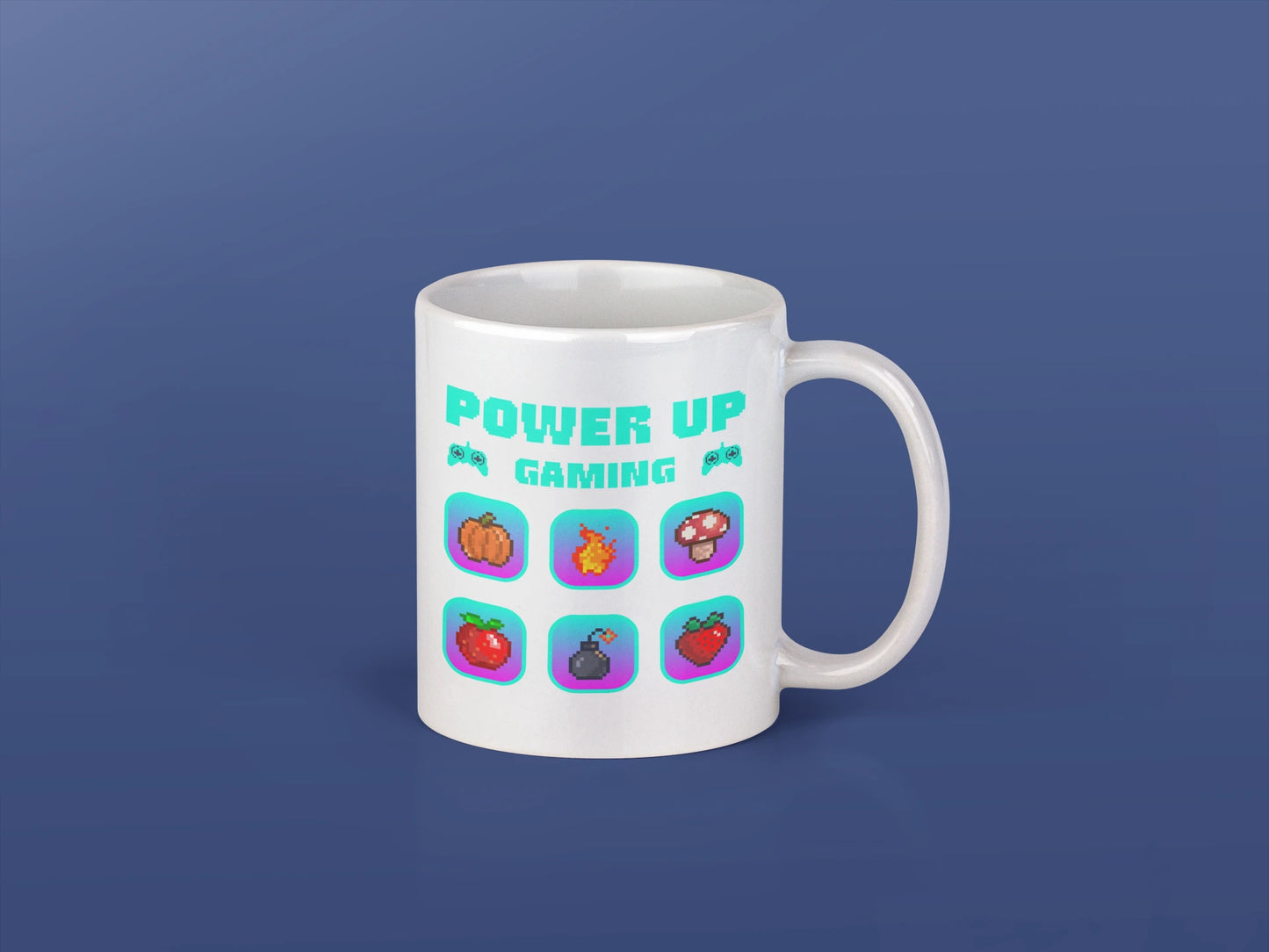 POWER UP GAMING – Keramiktasse (325 ml) – 325 ml Keramiktasse als Flatlay Mockup, hochwertiges Gaming- & Nerd-Design Produktfoto.