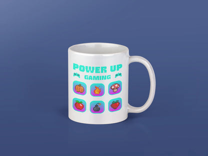 POWER UP GAMING – Keramiktasse (325 ml) – 325 ml Keramiktasse als Flatlay Mockup, hochwertiges Gaming- & Nerd-Design Produktfoto.