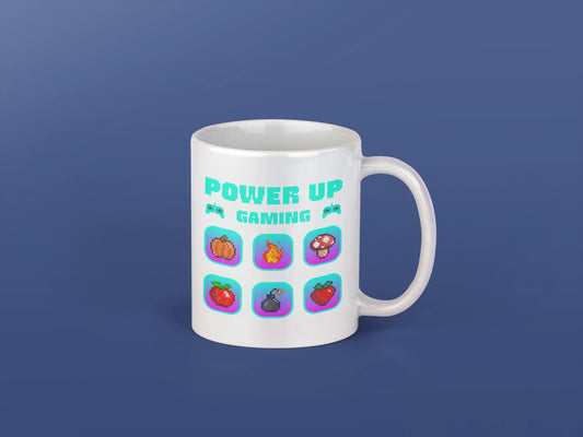 POWER UP GAMING – Keramiktasse (325 ml) – 325 ml Keramiktasse als Flatlay Mockup, hochwertiges Gaming- & Nerd-Design Produktfoto.
