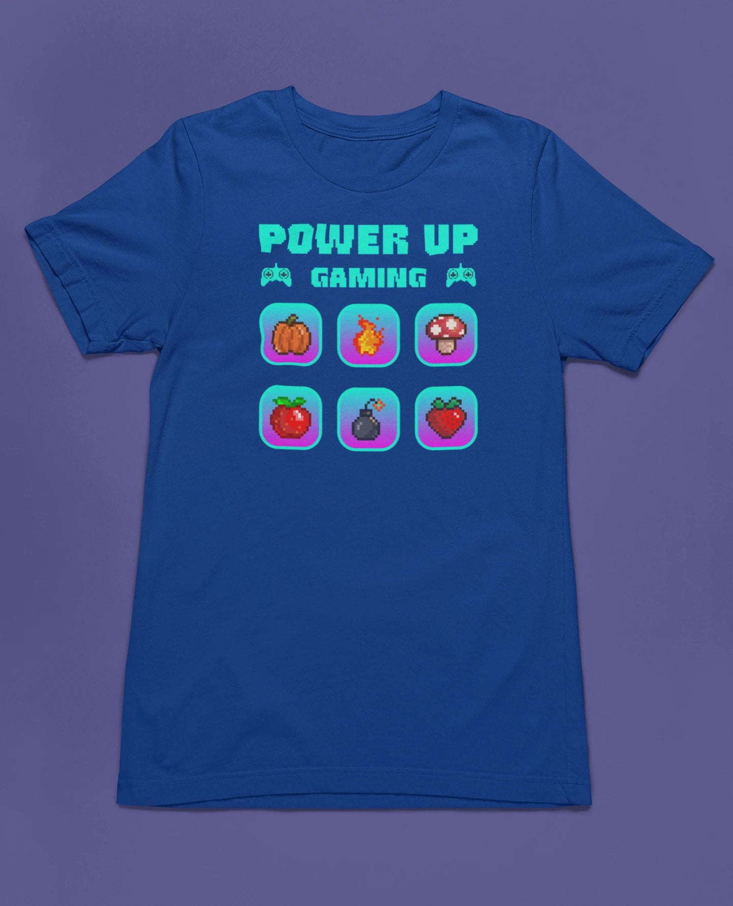 Power Up Gaming – Neon Edition | 8-Bit Pixel Gamer T-Shirt – blau T-Shirt als flatlay-Mockup, modernes Gaming-Design und hochwertiges Produktfoto.