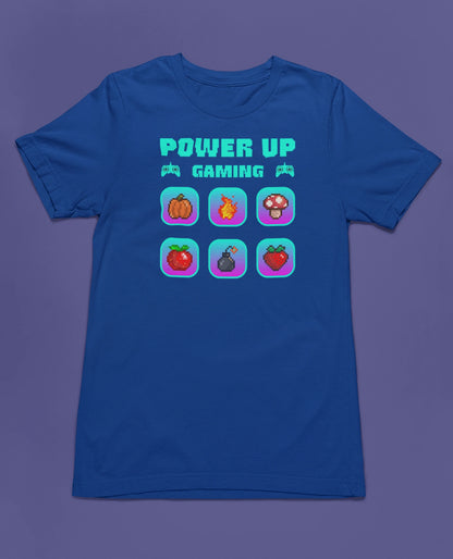 Power Up Gaming – Neon Edition | 8-Bit Pixel Gamer T-Shirt – blau T-Shirt als flatlay-Mockup, modernes Gaming-Design und hochwertiges Produktfoto.