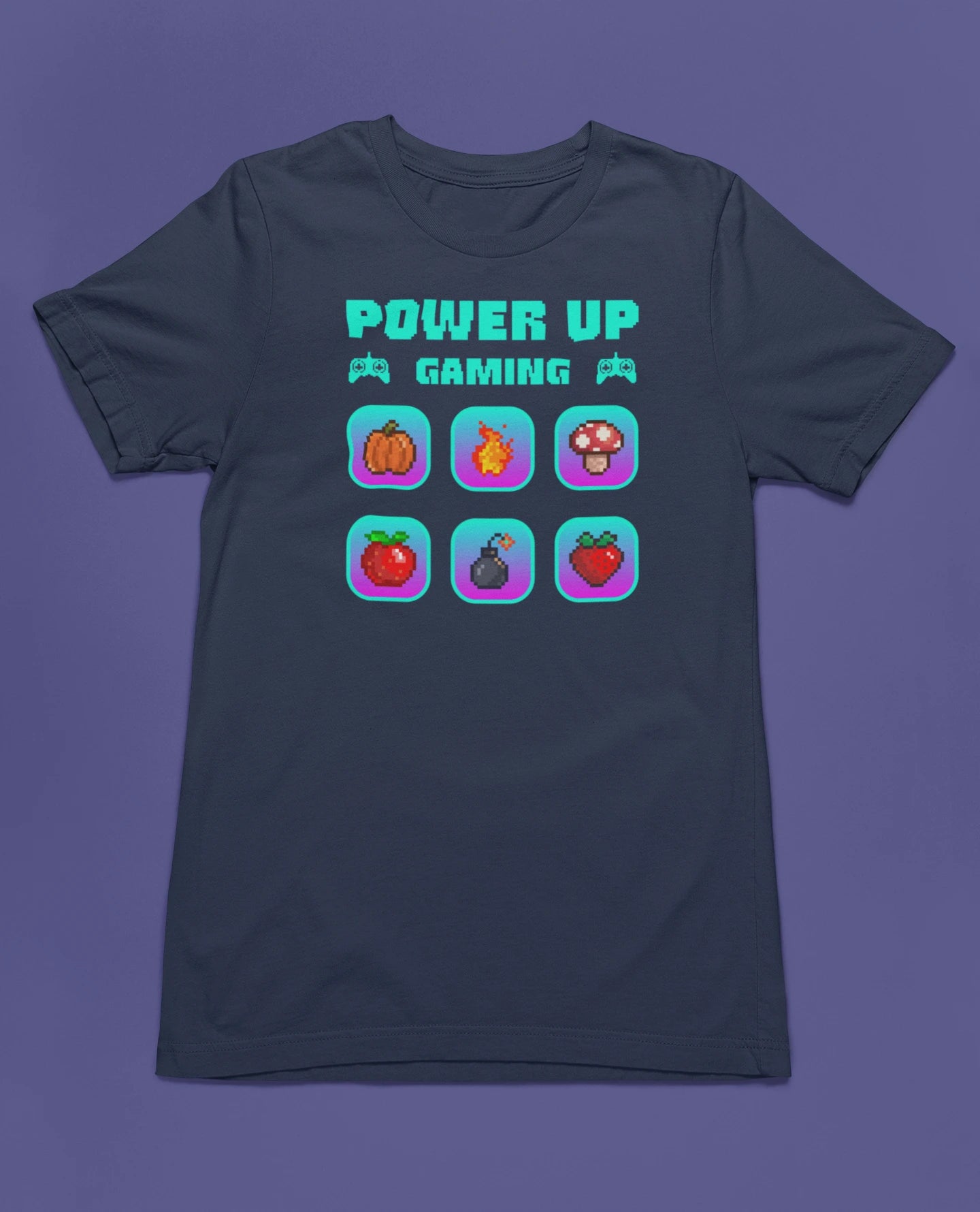 Power Up Gaming – Neon Edition | 8-Bit Pixel Gamer T-Shirt – marine T-Shirt als flatlay-Mockup, modernes Gaming-Design und hochwertiges Produktfoto.