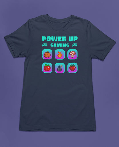 Power Up Gaming – Neon Edition | 8-Bit Pixel Gamer T-Shirt – marine T-Shirt als flatlay-Mockup, modernes Gaming-Design und hochwertiges Produktfoto.