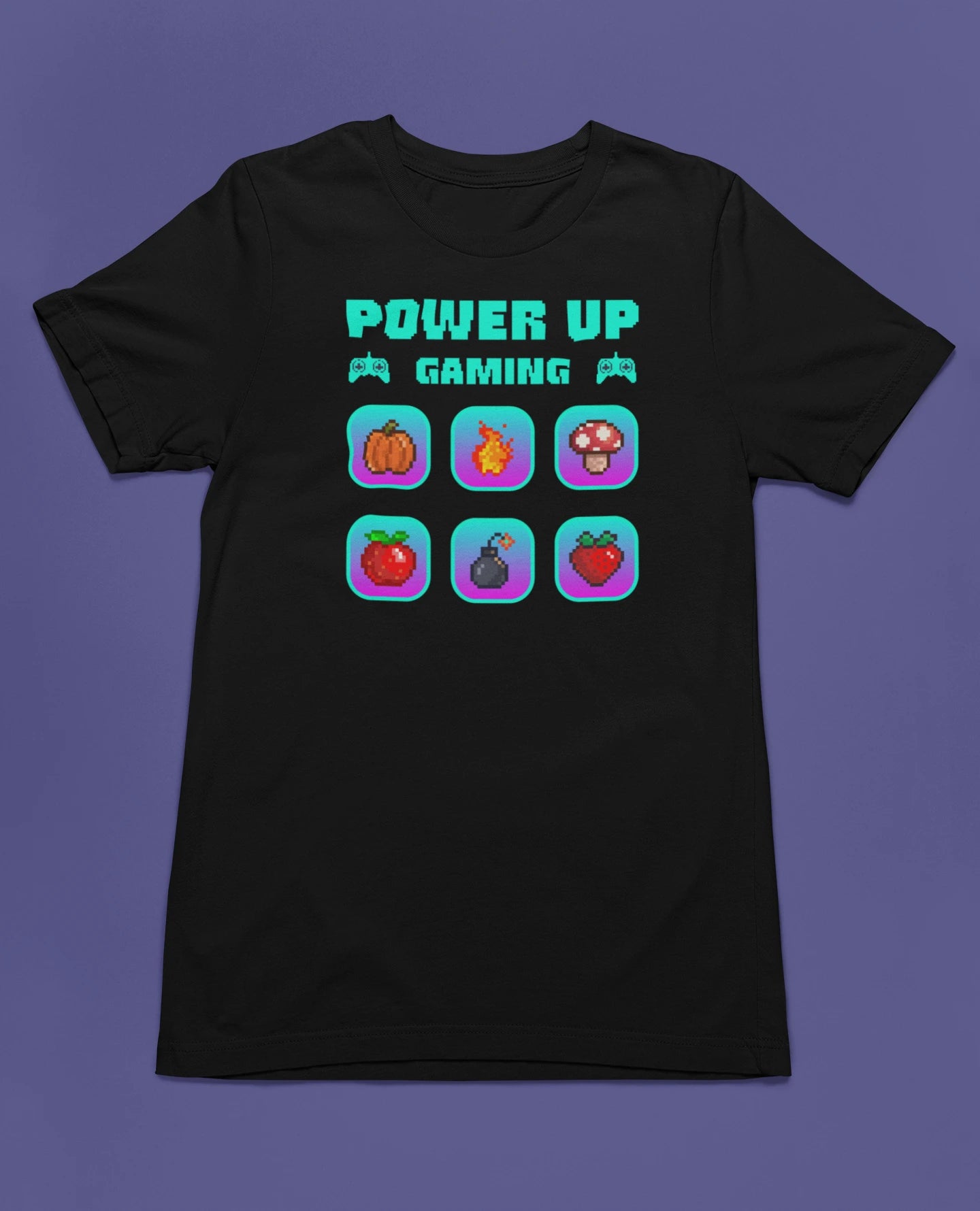 Power Up Gaming – Neon Edition | 8-Bit Pixel Gamer T-Shirt – schwarz T-Shirt als flatlay-Mockup, modernes Gaming-Design und hochwertiges Produktfoto.