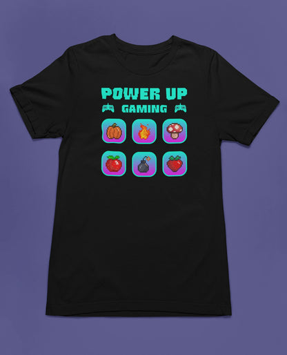 Power Up Gaming – Neon Edition | 8-Bit Pixel Gamer T-Shirt – schwarz T-Shirt als flatlay-Mockup, modernes Gaming-Design und hochwertiges Produktfoto.