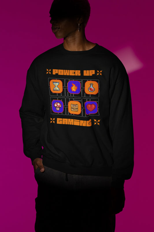 Power Up Gaming – Pixel Icons Grid | Retro Gamer Pullover – schwarz Pullover als Maennliches Model-Mockup, hochwertiges Nerd- & Gaming-Design Produktfoto.